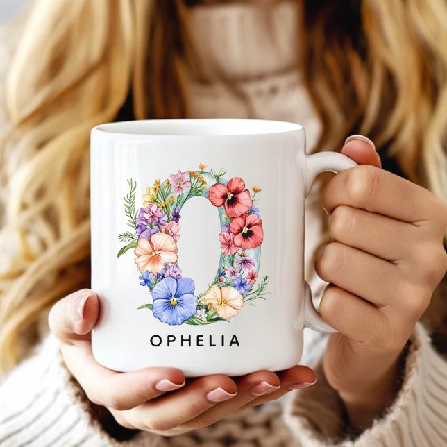 Custom Floral Alphabet Mug Gift for Mum and Kids (Custom Monogram Name Mug for Mom or Bridesmaids, Custom Floral Alphabet Mug for Teacher or Nurse)