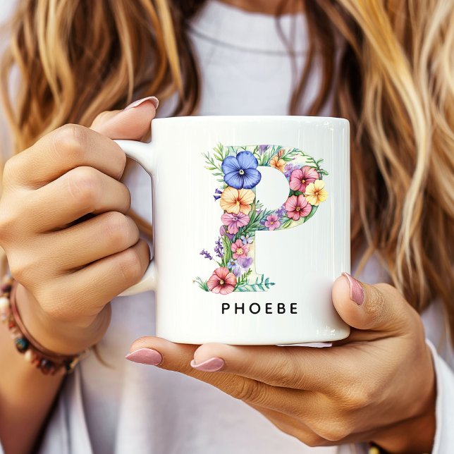 Custom Floral Alphabet Mug Gift for Wedding Favour (Custom Monogram Name Mug for Mom or Bridesmaids, Custom Floral Alphabet Mug for Teacher or Nurse)