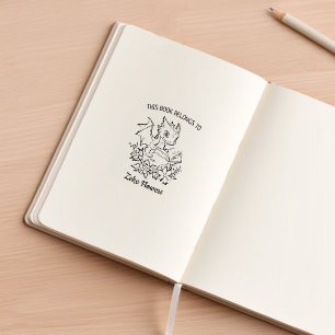 Custom Floral Baby Dragon Bookplate Rubber Stamp
