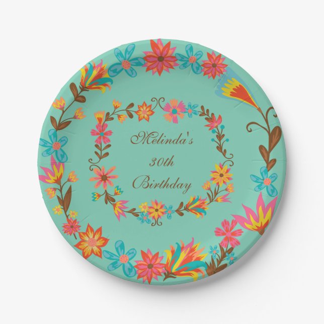 Custom Floral Birthday Paper Plate (Front)