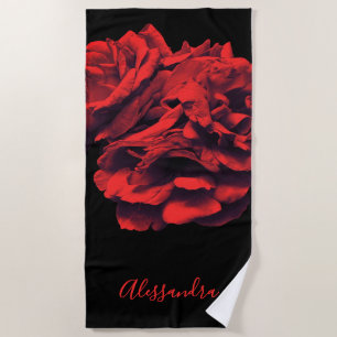 Custom Floral Black Red Roses Botanical Elegant  Beach Towel