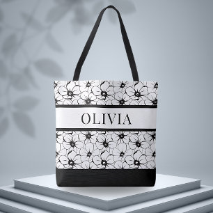 Custom Floral Black & White Pattern Tote Bag
