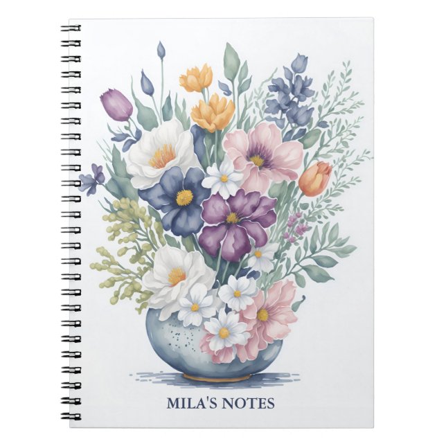 Custom Floral Bouquet Pastel Watercolor Wildflower Notebook (Front)
