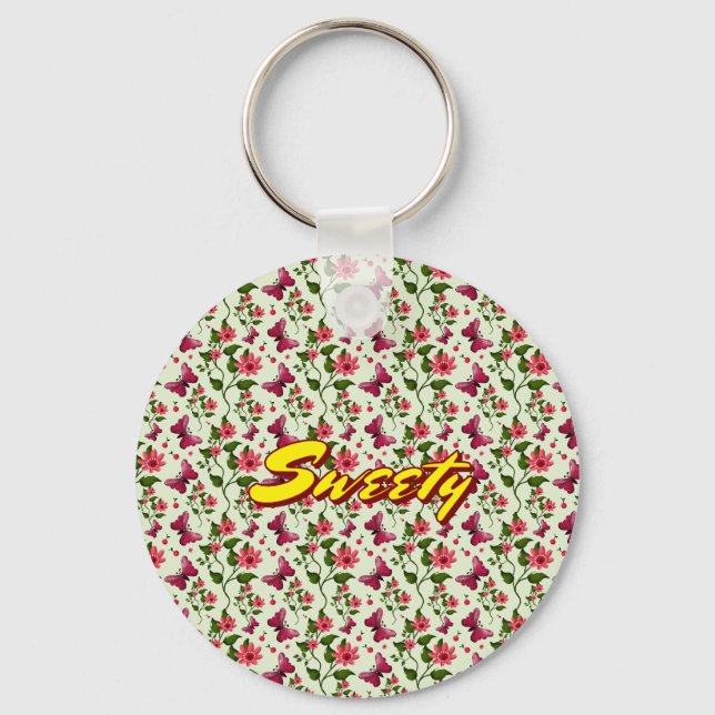 Custom floral Butterfly cherry seamless pattern  Key Ring (Front)