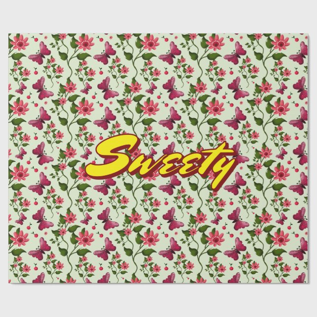 Custom floral Butterfly cherry seamless pattern  Wrapping Paper (Flat)