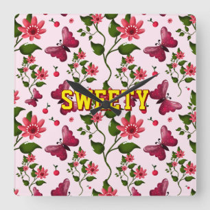Custom floral butterfly pattern square wall clock