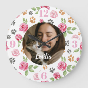 Custom Floral Cat Mum Wall Clock with Photo 