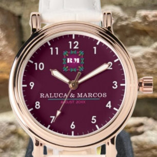 Custom floral couple names monogram watch