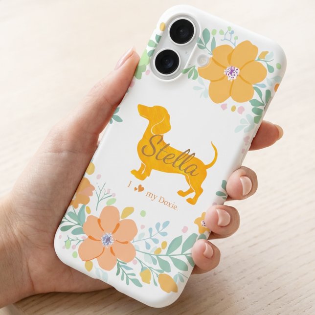 Custom Floral Dachshund | Personalised Dog Mum iPhone 16 Case (Creator Uploaded)