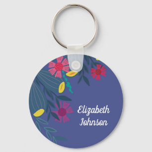 Custom floral elegant blue simple name key ring