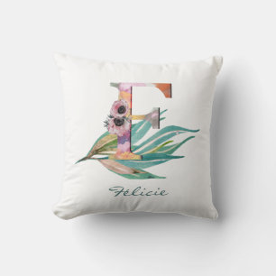 Custom Floral F Letter Watercolor Foliage Monogram Cushion
