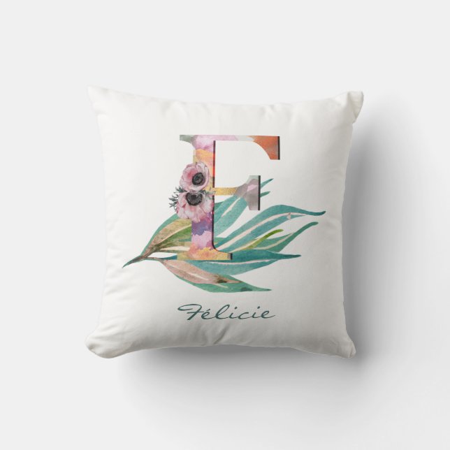 Custom Floral F Letter Watercolor Foliage Monogram Cushion (Front)