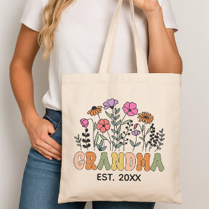 Custom Floral Grandma Tote Bag, Grandmother Gift Bag