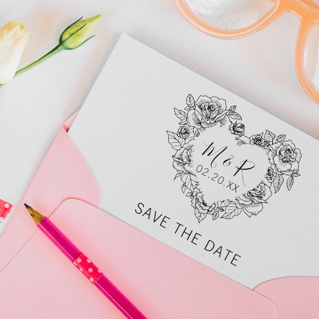 Custom Floral Heart Initials Save The Date Rubber Stamp (Creator Uploaded)