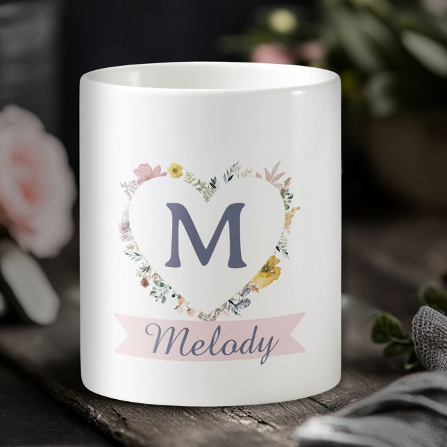 Custom  Floral Heart Monogram/Name Coffee Mug (Custom Floral Heart Coffee Mug with your Monogram & Name )