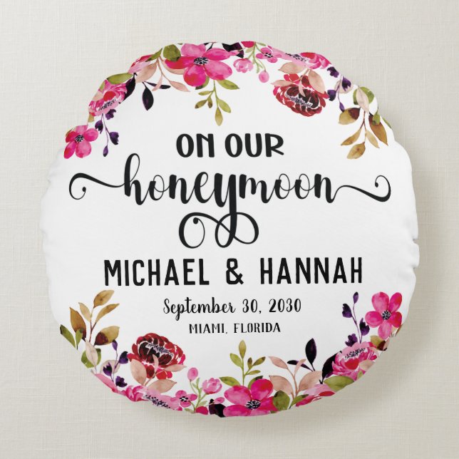 Custom Floral Honeymoon Keepsake Round Cushion (Front)