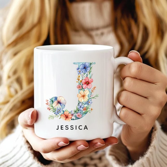 Custom Floral Initial Coffee Mug Birthday Gift (Custom Monogram Name Mug for Mom or Bridesmaids, Custom Floral Alphabet Mug for Teacher or Nurse)