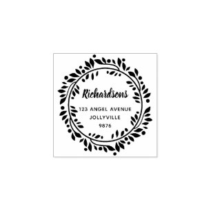 Custom Floral Leaves Wreath Address Rubber Stamp