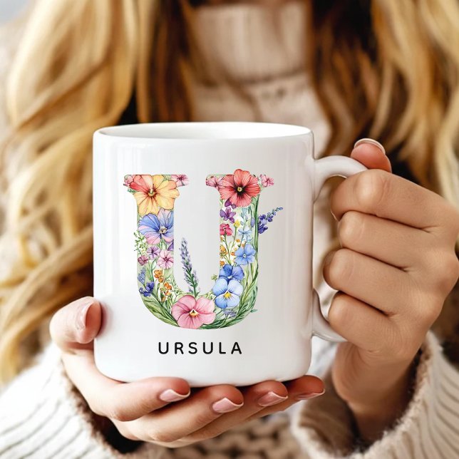 Custom Floral Letter Mug Birthday Gift for Girls (floral alphabet mug gift for her, custom mug birthday gift wife, floral monogram graduation for girl)