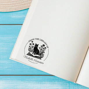 Custom Floral Library Cat Book Rubber Stamp