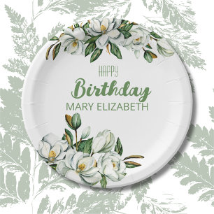 Custom Floral Magnolia Greenery BIrthday Party Paper Plate