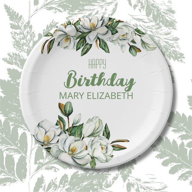 Custom Floral Magnolia Greenery BIrthday Party Paper Plate (Creator Uploaded)