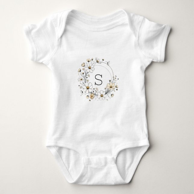 Custom Floral Monogram Baby Girl Boho Sage Green Bodysuit (Front)