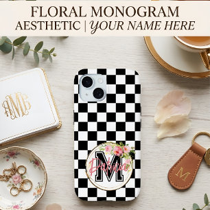 Custom Floral Monogram Black & White Chequered iPhone 15 Case