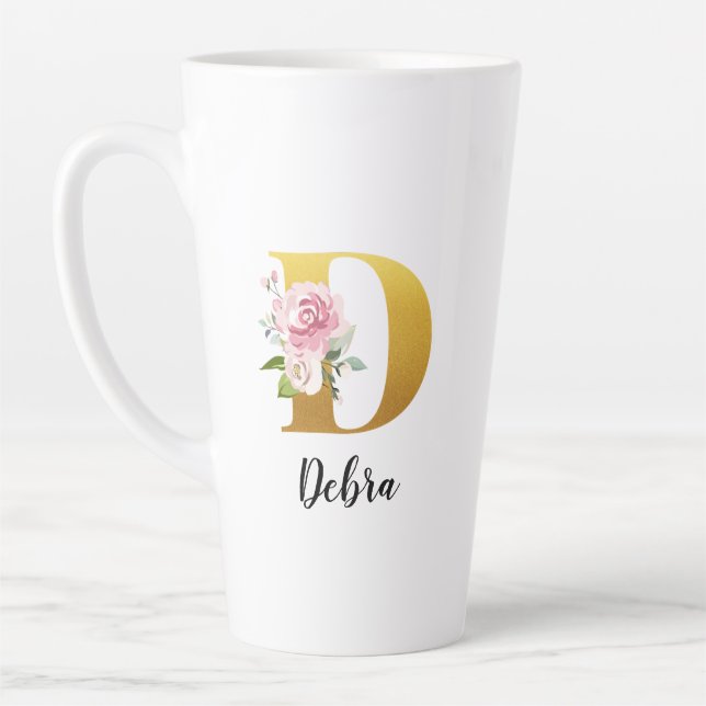 Custom Floral Monogram Initial Name Latte Mug (Left)