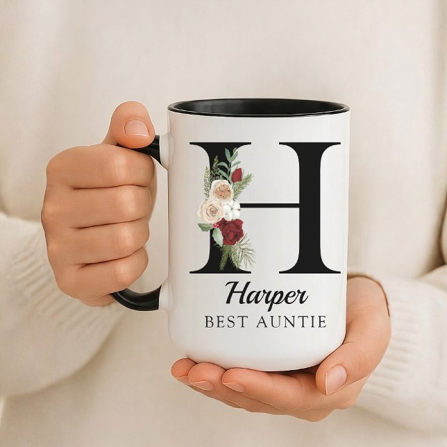 Custom Floral Monogram Mug Gift for Aunt Mum Nurse (Personalized Floral Alphabet Mug Gift for Mom, Teacher, Nurse, Doctor, Coworker, Boss or Bridesmaid)
