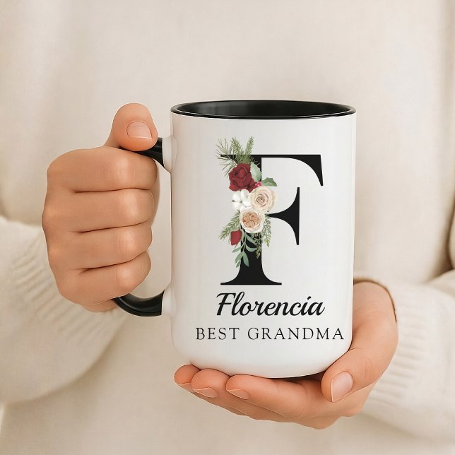 Custom Floral Monogram Mug Gift for Best Grandma (Personalized Floral Alphabet Mug Gift for Mom, Teacher, Nurse, Doctor, Coworker, Boss or Bridesmaid)