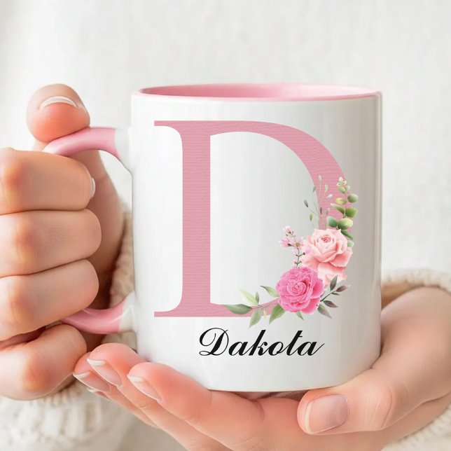 Custom Floral Monogram Mug Gift for Bridemaids (Monogram Wildflowers Mug New Mom Gift for Her, Personalized Pink Floral Bridesmaid Proposal Mug Gift)