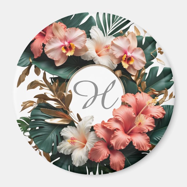 Custom Floral Monogram Tropical Fridge Magnet (Front)