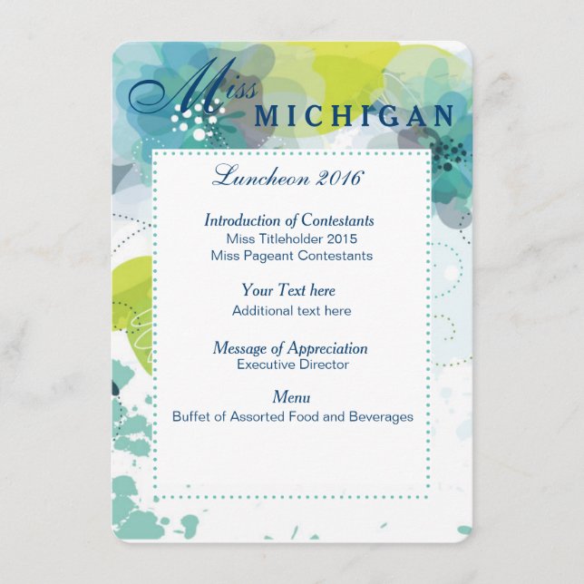 Custom Floral Pageant Luncheon Program Card (Front)