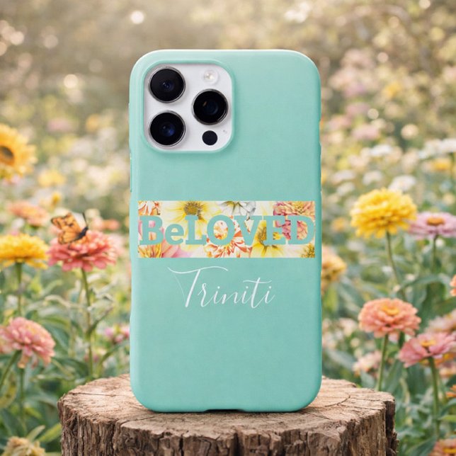 Custom Floral Pastel Blue Green Beloved Christian iPhone Case (Soft Pastel Floral Beloved Custom Name Christian)