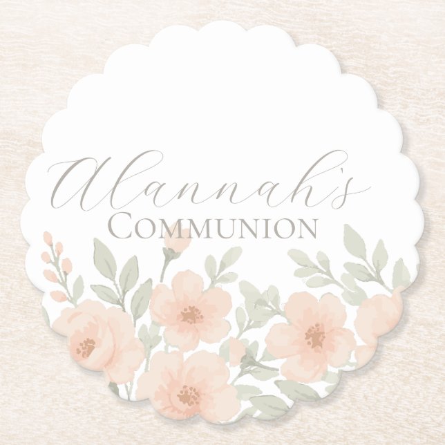 Custom Floral Pastel Communion  Paper Coaster (Front)
