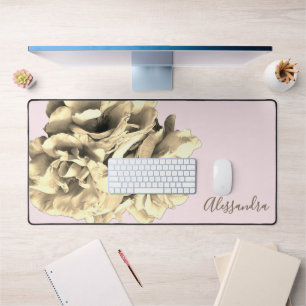 Custom Floral Pastel Pink Gold Retro Botanical Desk Mat