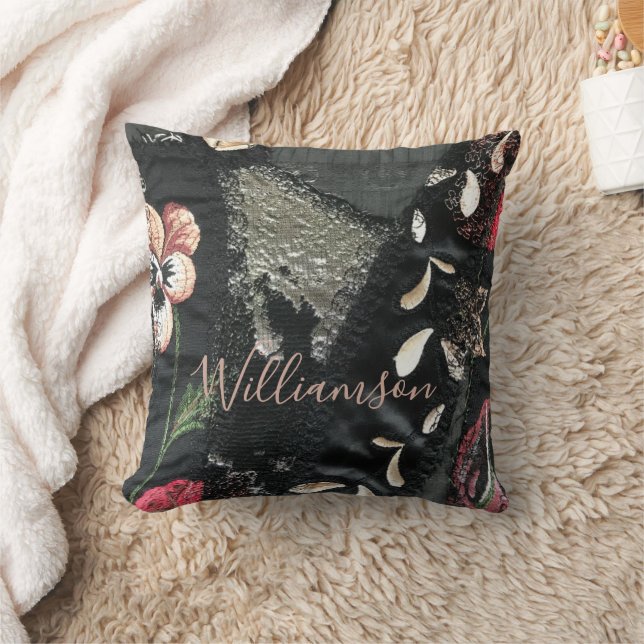 Custom Floral Patchwork Embroidery Look Grey Beige Cushion (Blanket)