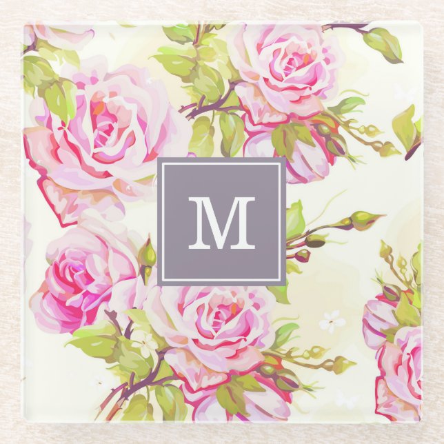 Custom Floral Pattern Old Rose Monogram Glass C Coaster (Front)