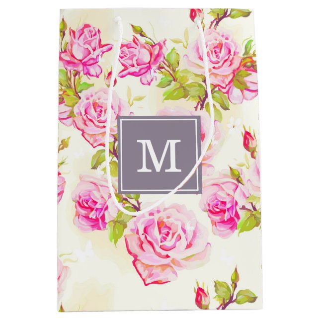 Custom Floral Pattern Old Rose Monogram M Gift Bag (Front)