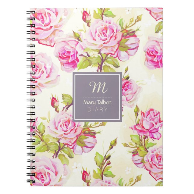 Custom Floral Pattern Old Rose Monogram Notebook (Front)