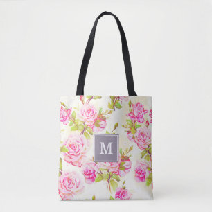 Custom Floral Pattern Old Rose Monogram Tote Bag