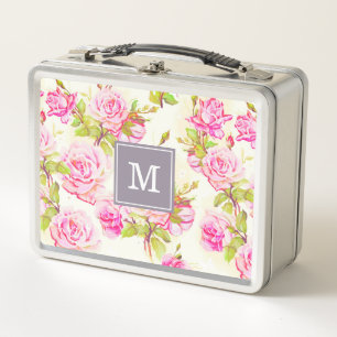 Custom Floral Pattern Old Roses Monogram Lunchbox