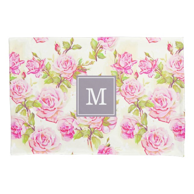 Custom Floral Pattern Old Roses Monogram Pillow C Pillowcase (Front)