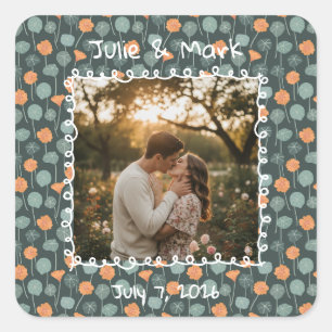 Custom Floral Photo Engagement  Square Sticker