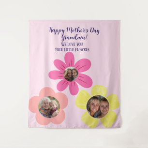 Custom Floral Pink Grandma Photo Gift 3 Pics Tapestry