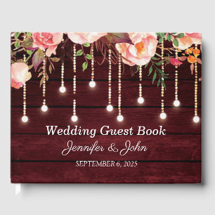 Custom Floral Pink Roses Rustic Wood Wedding Guest Book