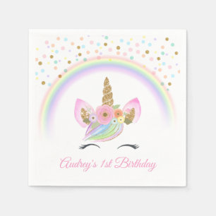 Custom Floral Rainbow Unicorn 1st Birthday Party Napkin