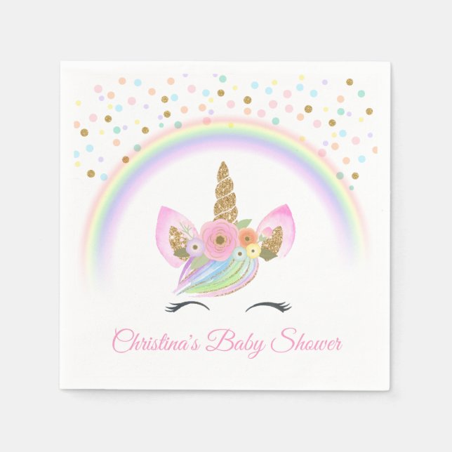 Custom Floral Rainbow Unicorn Baby Shower Party Napkin (Front)