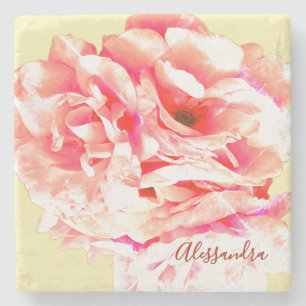 Custom Floral Retro Yellow Peach Grunge Botanical Stone Coaster